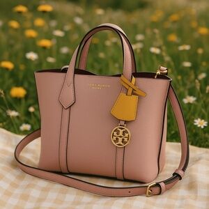 NEW Tory Burch Perry Small Triple Compartment Tote/Crossbody Bag Pink Moon AUTH